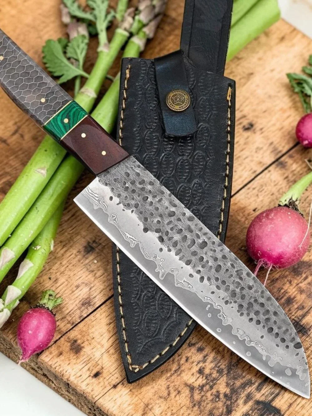 Custom Handmade Kitchen Knife | Damascus Style Steel Blade | Unique Rosewood Han